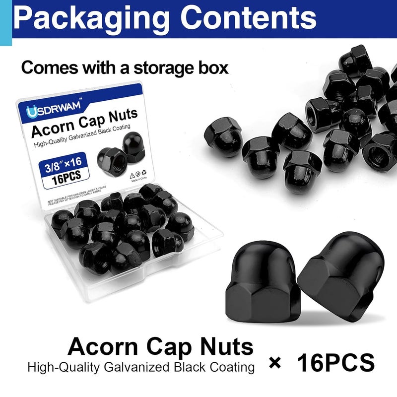Usdrwam 16Pcs 3/8"-16 Acorn Cap Nuts, Zinc Plating-Black Hex Head Acorn Cap Nuts, Stainless Steel 18-8 (304) Hexagon Dome for Indoor Outdoor - Image 3